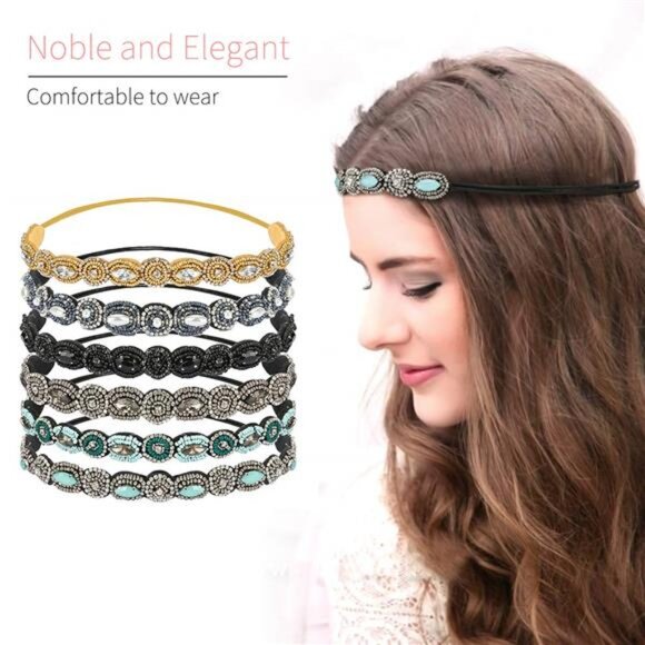 6 Pack Elastic Rhinestone Headbands for Women, Vintage Beads Rhinestone Hairband - Picture 3 of 7